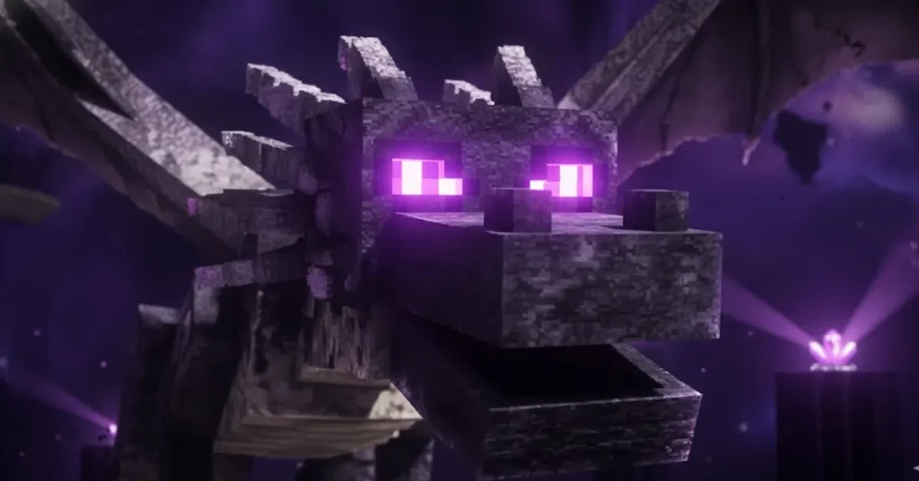 Detailed view of Minecraft Ender Dragon boss with purple glowing eyes
