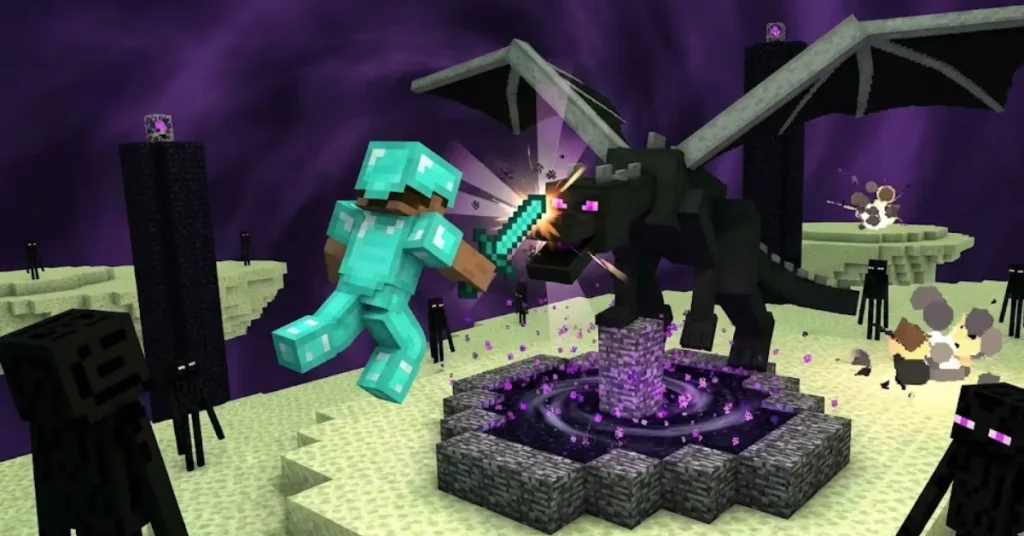 Player attacking perched Ender Dragon with melee weapon on End portal in Minecraft
