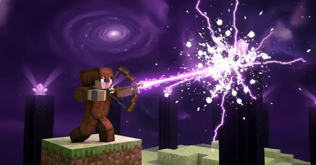 Player shooting End Crystal on obsidian pillar in Minecraft End dimension