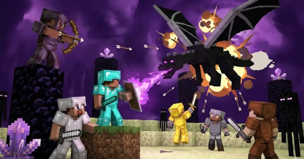 Team of Minecraft players cooperatively battling the Ender Dragon boss