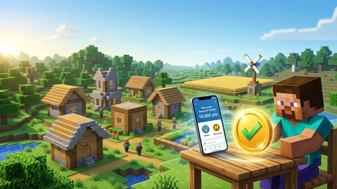 A Minecraft character holding a gold Minecoin with a checkmark, a smartphone showing Microsoft Rewards, and a village in the background – representing safe, legal ways to get free Minecoins in 2026.