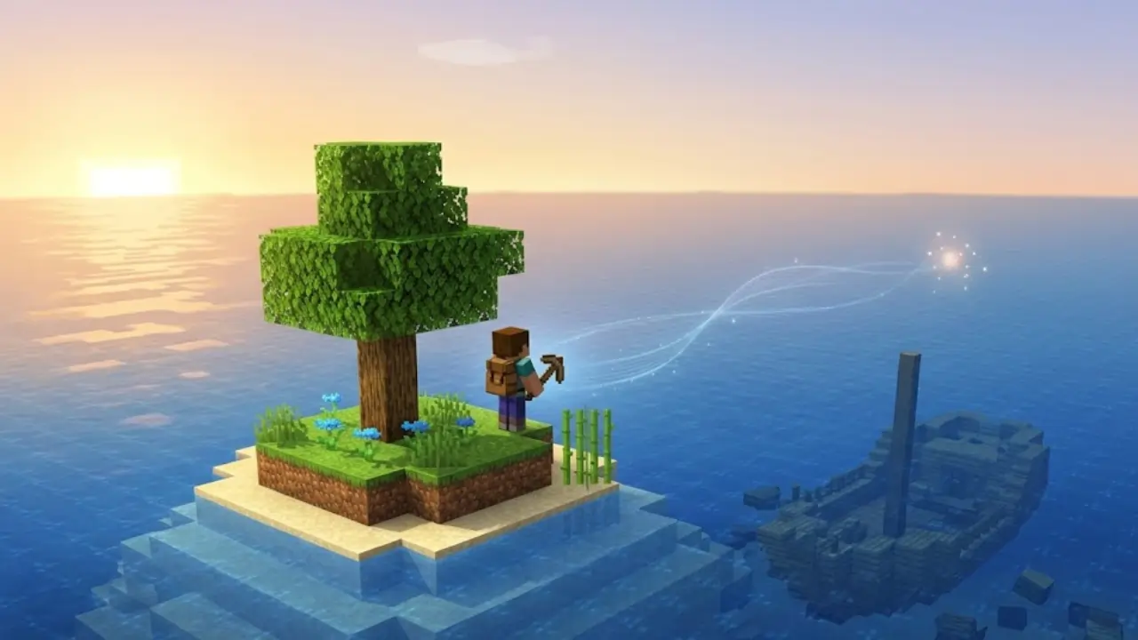 Minecraft survival island challenge – player on tiny sand island with single tree, surrounded by ocean and a shipwreck.